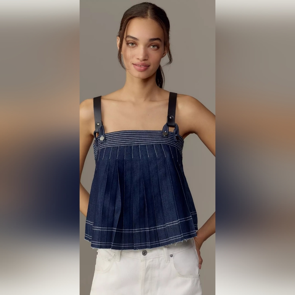 Pilcro Navy Blue Pleated Denim Crop Top with Black Straps